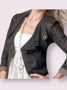 CAbi Waxed Denim 100% Linen Jacket Ruffle Oversized Collar Black Size Medium
